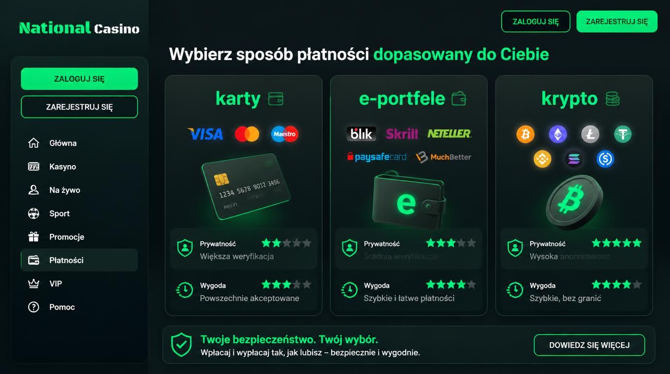 Użytkownik wybiera metodę wpłaty: karta, portfel elektroniczny lub kryptowaluta