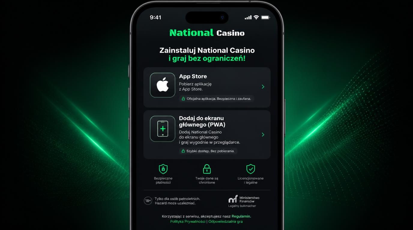 Ekran iPhone’a pokazujący opcje App Store oraz PWA, symbole bezpieczeństwa i regulaminu.