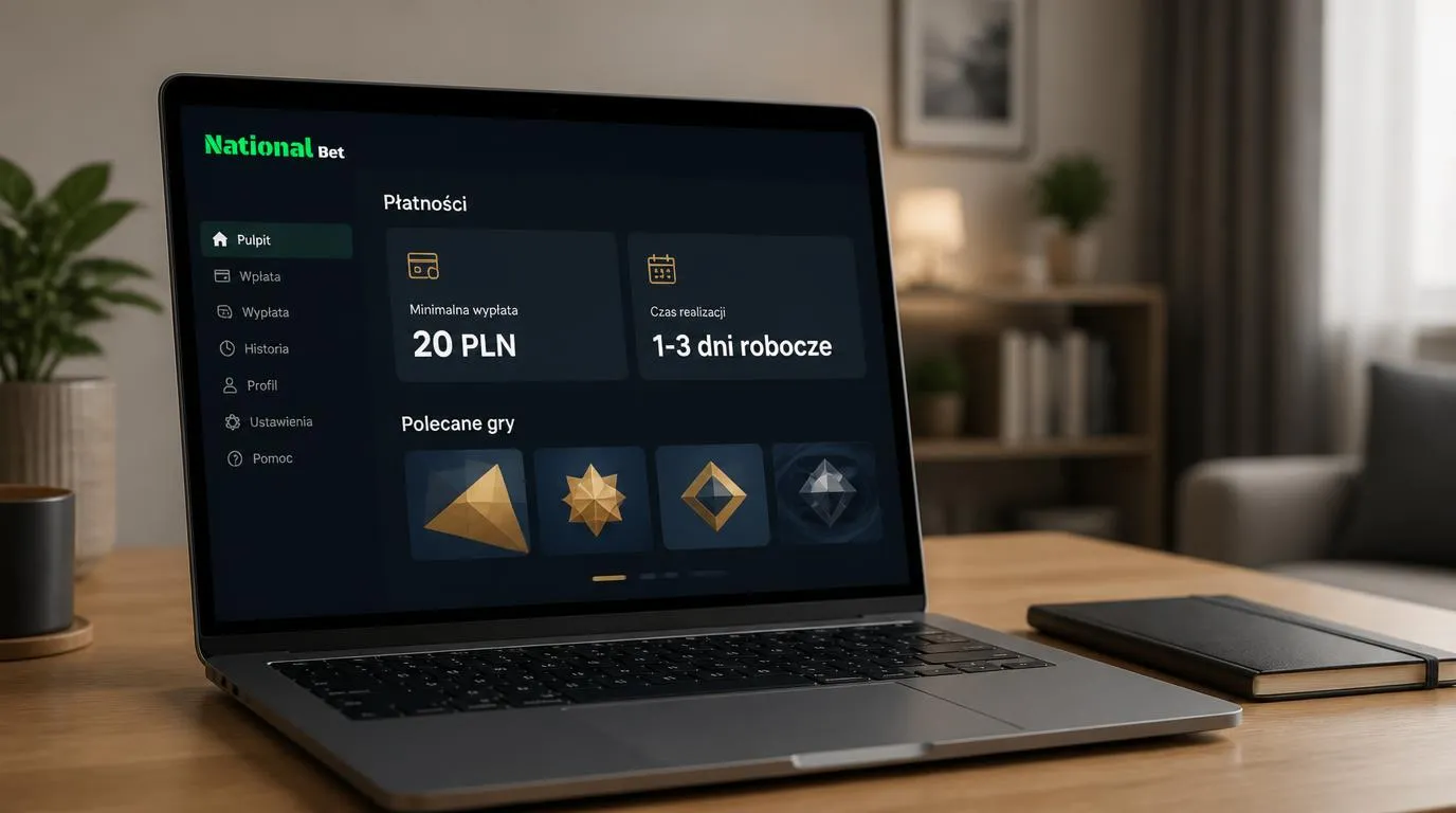 Panel kasyna z depozytem 20 PLN, terminem wypłaty 1-3 dni robocze i kafelkami gier na ekranie laptopa
