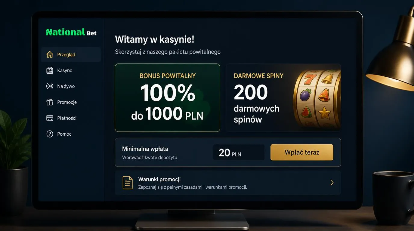Panel bonusu powitalnego z ofertą 100% do 1000 PLN, 200 darmowymi spinami i minimalnym depozytem 20 PLN